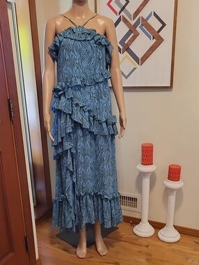 cinq a sept Blue Patterned Ruffled Maxi Dress